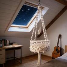 1件套手工编织猫吊床，波西米亚风格悬挂式猫床，带流苏猫抓柱，手工编织猫秋千吊床，纤维艺术猫床，四季皆宜 - 白色 - 查看 7