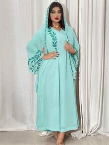 Middle Eastern Fashion Street Style Summer Chiffon Long Embroidered Pink Round Neck Dress With Headscarf - Mint Green - View 3