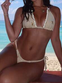 Women's Y2k Gingham Bow Bikini Set 2 Piece Bikini Shorts Sets Halter Triangle Boyshort Swimsuit Swimwear Cute Plaid Swimwear With Boyshorts - 黃色 - 查看 4