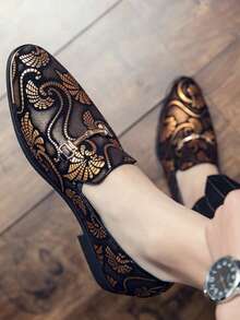 男士平底乐福鞋，英伦风刺绣优雅莫卡辛鞋，时尚驾车鞋，男士婚礼及正装鞋 - 金色 - 查看 4