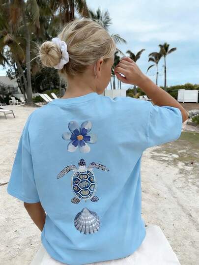 1pc Girls Casual Turtle, Flower & Shell Print Round Neck Short Sleeve T-Shirt, Summer Student Youth Clothing
