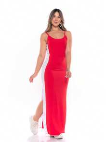 Plus Size Curvy Style Strappy Dress With Thin Straps, Side Slit, Ribbed Fabric, Extra Large, Long, Elastane, For Formal Parties And Maternity Wear. - Rojo - Ver 3