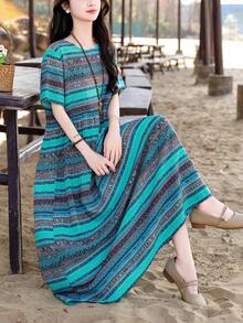 Đầm mùa hè dáng bohemian in hoa, xếp nếp, thanh lịch dành cho nữ, thích hợp đi biển. - màu xanh lá - Xem 7