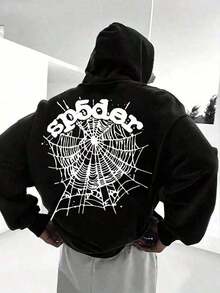 Polyester Fiber Men's Hooded Sweatshirt With Long Sleeved ,Halloween Spider Spider Web Pattern Print, Fashionable And Loose Casual Fleece Sweatshirt Suitable Autumn And Winter Wear On Street2026Unisex Casual-Shirts - 黑色 - 查看 1