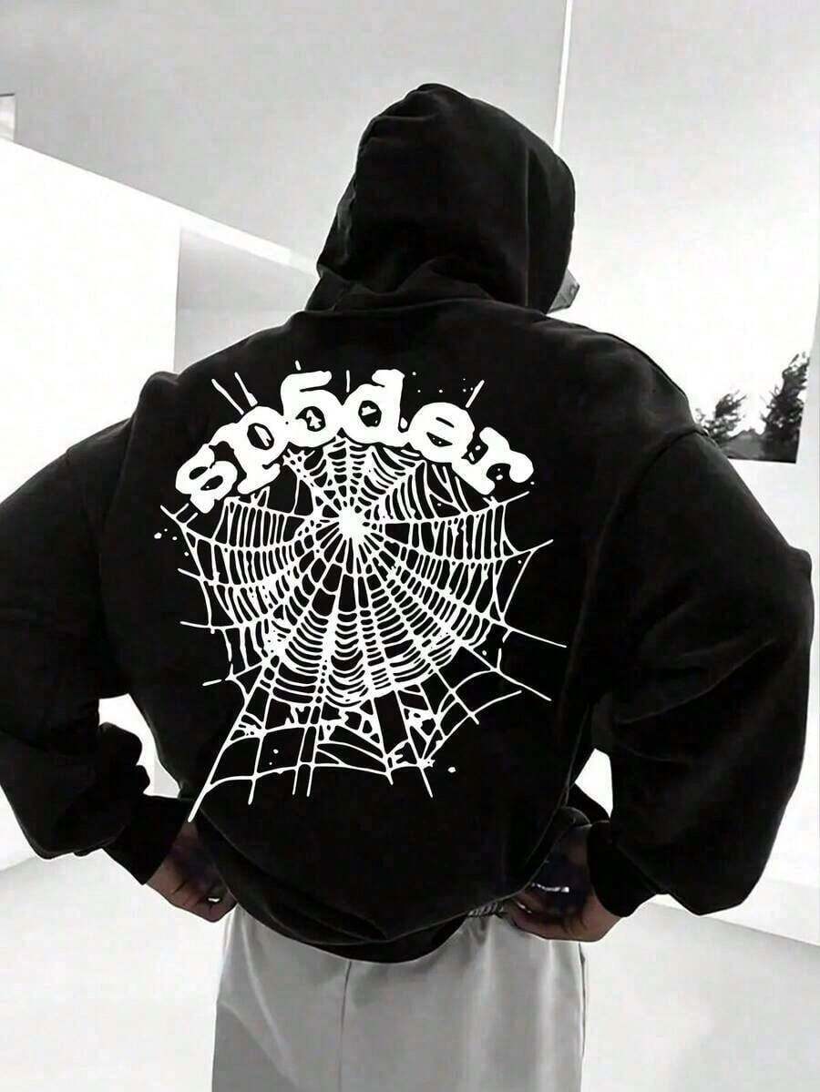 Polyester Fiber Men's Hooded Sweatshirt With Long Sleeved ,Halloween Spider Spider Web Pattern Print, Fashionable And Loose Casual Fleece Sweatshirt Suitable Autumn And Winter Wear On Street2026Unisex Casual-Shirts - 黑色 - 查看 1