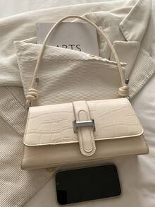 Tas Bahu Minimalis Vintage Elegan dengan Penutup Asimetris Motif Buaya Warna Polos yang Modis - Krem - View 10