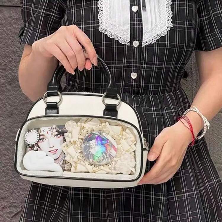 1個 キュートなY2Kボウリングバッグ、ニッチな高級JKロリータ透明装飾バッグ、ファッション ミニマリスト レディース財布、PU素材 ジッパー開閉 調節可能ストラップ、コンパクト シック 多用途ショルダーバッグ、通勤レディースクロスボディバッグ、ハンドバッグ、DIYイタバッグ、学校、日常通勤、ショッピング、パーティー、アニメバッジ展示、コミックコンベンション参加、コスプレ、JK制服に合わせて使えます - ブラック&ホワイト - 見る 2