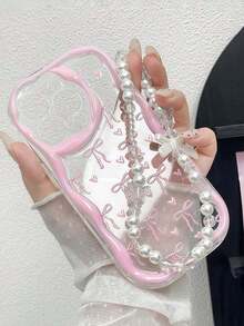 粉色蝴蝶结爱心印花搭配粉色波浪珍珠链手机挂绳套装，适用于 17 16 15 14 13 12 11 Pro Max 14 15 16 Plus XS XR X 8 7，国际版，非国内版 - 無色 - 查看 2