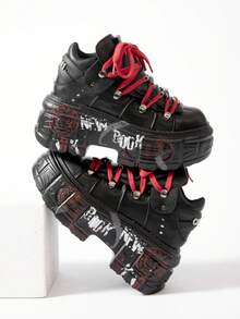 Thick Bottom Platform Outdoor Sport Shoes, Graffiti Punk Large Size Women Casual Sneakers, Metal Decoration All Match Retro Gothic Shoes, Mujer Tennis Trainers - 黑色 - 查看 4