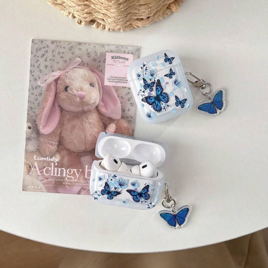 Blue Butterfly Design Protective Case Compatible With Apple Bluetooth Earphones, Shockproof And Scratch-Resistant Cover Compatible With Apple Bluetooth Wave Earphone Case - Clear - View 1