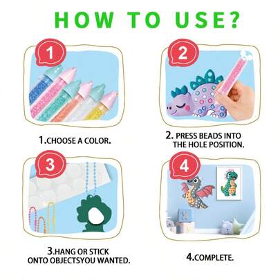 Multi-Set Kids Creative DIY Beaded Painting Art Kits - Cartoon Painting Kits With Bright Color Decorative Paintings, Can Be Used As Keychains/Fridge Magnets/Baby Decorations, Includes Adorable Princess/Dinosaur/Fruit Designs, 4-6 Beaded Pens And Bead Chain Decorations - Best Birthday & Christmas Gifts For Children