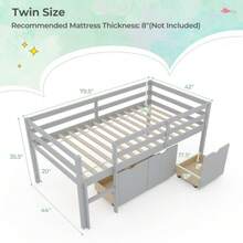 Twin Size Heavy Duty Low Loft Bed Frame W/ Ladder & Full-Length Guardrails - Xám - Xem 2
