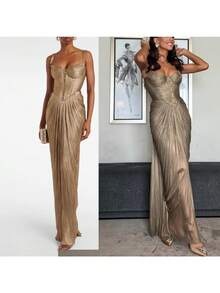 New Pleated Bronzing Lace-Up Dress Casual Party Split-Ended Women's Dress - Vàng - Xem 3