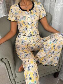 Women's Pajamas Stitch Print Lace Trim Rolled Button Short-Sleeve And Long-Pants Set - Multicolor - View 3