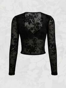 Áo croptop dài tay cổ chữ V sâu màu đen bằng nhung họa tiết hoa, ôm sát, thanh lịch, gợi cảm dành cho nữ, thích hợp dự tiệc mùa hè. - màu đen - Xem 3