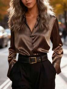 女士新款畅销优雅通勤衬衫，棕色条纹设计 - 舒适、休闲、简约，适合办公室穿着 - 棕色 - 查看 2