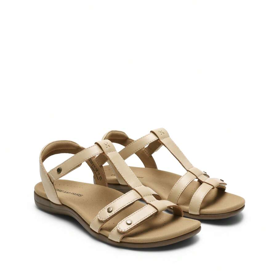 Women's Flat Sandals With Arch Support Adjustable Strappy Comfort Walking Sandals Casual Summer Everyday Shoes - Màu be - Xem 1