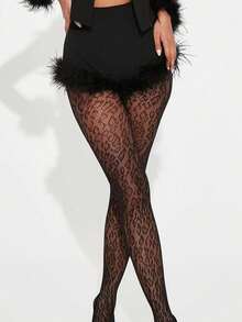 1件朋克风黑色豹纹渔网连裤袜，女士大腿高筒紧身设计，街头酷女孩迷你裙派对装扮必备单品，四季皆宜，性感舒适，高弹防勾丝长筒袜 - 黑色 - 查看 7