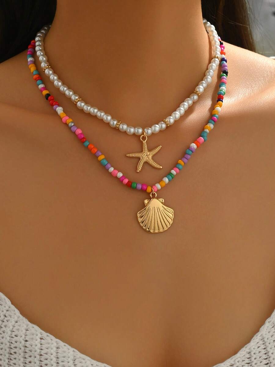 2 buc/set colier choker la modă, colorat, cu perle artificiale, lucrat manual, cu pandantiv stea de mare, bijuterii elegante pentru gât, potrivite pentru purtare zilnică, călătorii, petrecere, întâlnire - Multicolor - Vizualizare 1