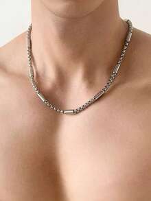 1件装不锈钢竹节方形缠绕链男士项链嘻哈配饰 - 銀色 - 查看 1