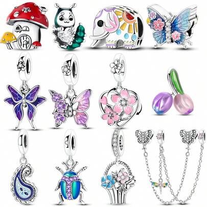 2026春季新款镀银樱花、彩色大象、蝴蝶、甲虫、花篮、郁金香串珠吊坠，适合制作手链、项链等DIY饰品，独特设计，女士珠宝礼品