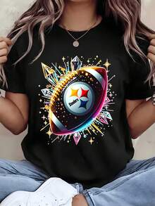 Unisex Steelers Football Graphic Print T Shirt With Sparkle Stars And Diamonds Design For Game Day And Sports Events Fam - 黑色 - 查看 1