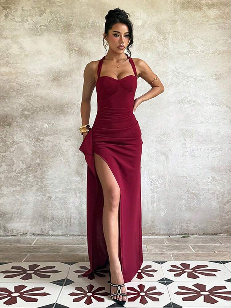1pc Elegant Solid Color Backless High Slit Asymmetric/Asymmetrical Maxi Dress, Suitable For Parties, Wedding And All Seasons - 酒紅色 - 查看 4