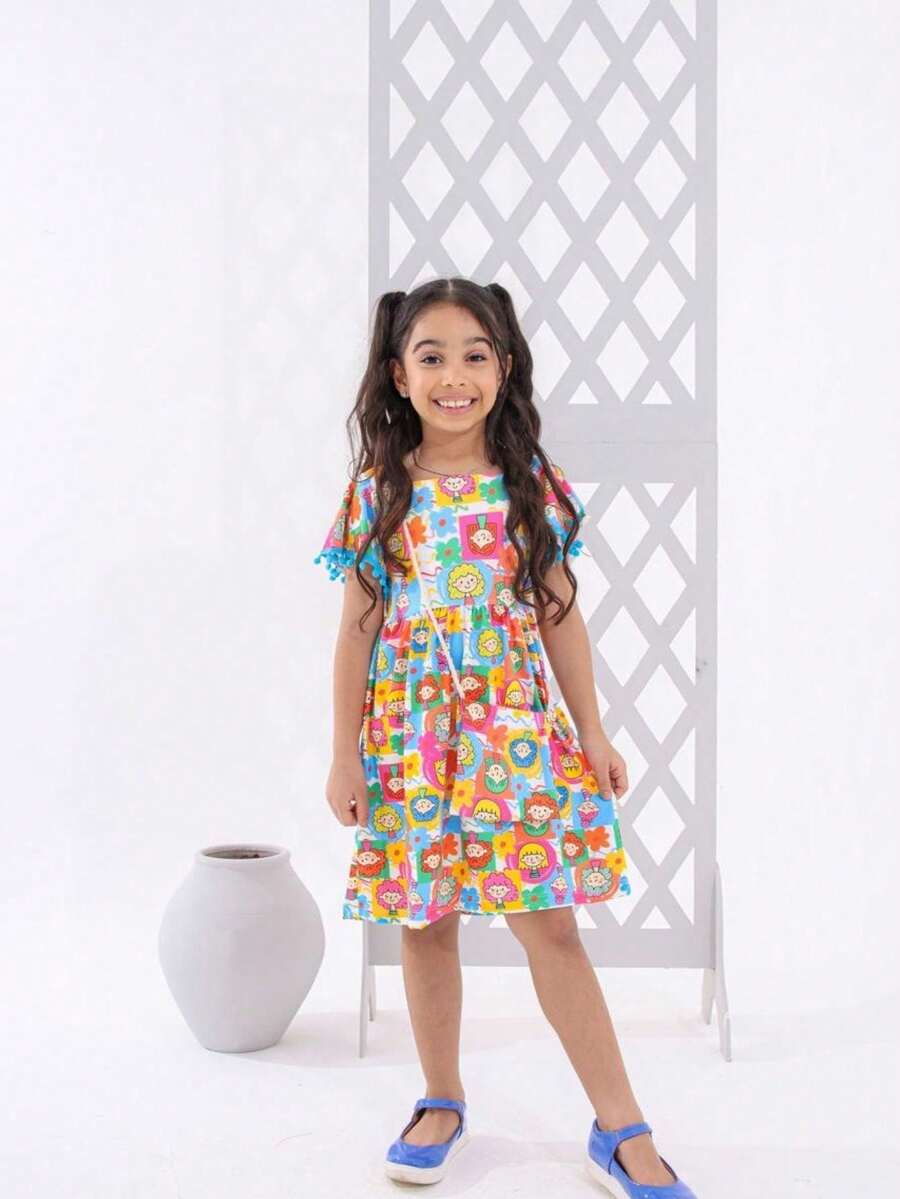 Vestido Infantil Menina Colorido Estampado com Bolsa | Roupa Infantil Feminina | Vestido de Verão TAM 4 ao 10 - Multicolorido - Visão 1