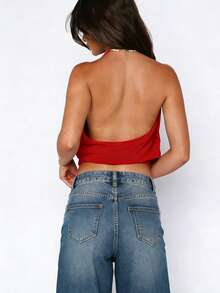 Women Cowl Neck Halter Tops Draped Front Low Cut Backless Tank Top Ruched Open Back Going Out Tops - Red - View 6