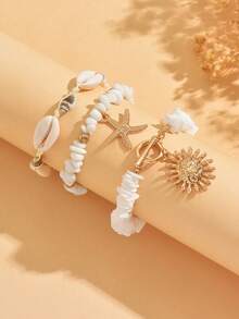 3pcs/Set Bohemian Style Handmade Woven Layered Bracelet With White Beads, Gold Alloy Starfish & Sun Pendant, Adjustable OT Clasp, Versatile For Daily, Vacation, Party & Date Wear - Gold - View 3