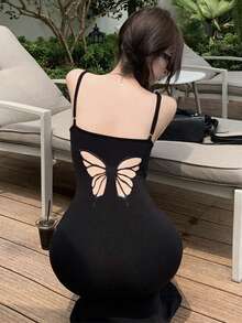 Butterfly Hollow Out Backless Camisole Dress, Slim Fit Waist Cinched Bodycon Dress For Women, Spring/Summer - Black - View 6