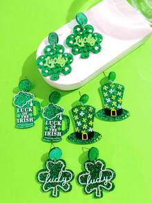 1对圣帕特里克节创意趣味独特精致可爱卡通亚克力三叶草啤酒耳环，女士日常佩戴，节日派对饰品 - 彩色 - 查看 3