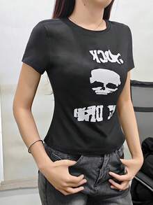 Women's Round Neck Short Sleeve T-Shirt American Hot Girl, Summer New Skeleton Pattern And Letter Print, Slim Fit Fashion Cropped Top - Black - View 2