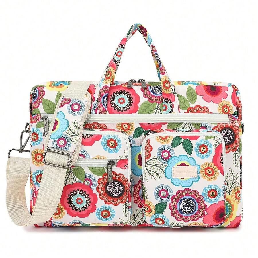 Canvaslove Muti-Pockets Laptop Sleeve Case Bag,Rebound Bubble Cushioned Laptop Shoulder Bag Fits Laptop 15.6 Inch-16 Inch (Red Flower) - RedFlower(muti-pockets) - View 1