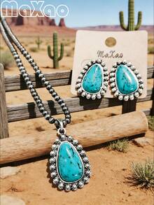 Women's Vintage Western Style Turquoise Concho Necklace & Earrings Set, Suitable For Different Outfits, Great Gift For Best Friends; More Vintage Styles Available In-Store - Women's Vintage Western Country Turquoise Concho Necklace and Earrings - View 1