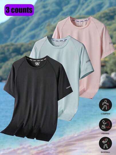 Three Pieces Set Of Short-Sleeved T-Shirt For Women's Summer Outdoor Sports, With Reflective Strips, Lightweight And Breathable, Suitable For Casual Sportswear.