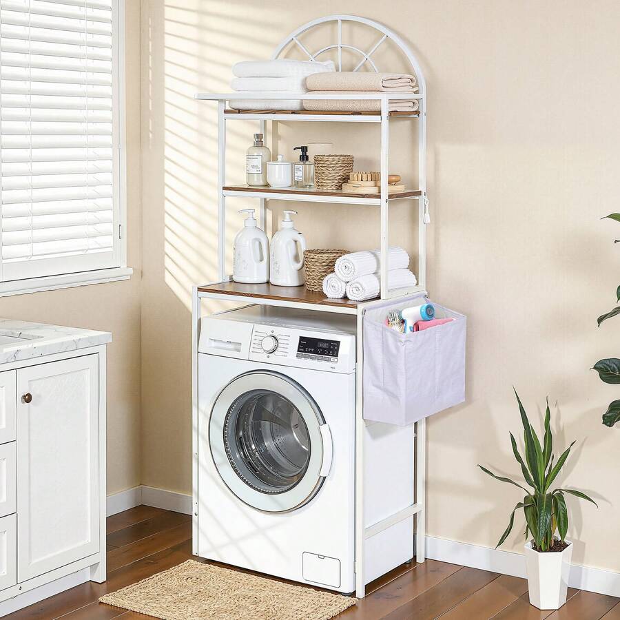 Yitahome Shelf For Above Washing Machine, Shelf For Above Toilet With 3 Shelves, Arched Design, Material Mix Of Metal And Wood With A Fabric Storage Bag, 64.5 X 190 X 40 Cm, White - 原木色+白色 - 查看 1