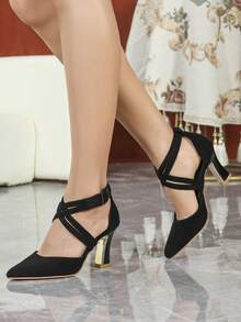 Sandalias de baile de tango para mujer con punta afilada y diseño calado, elegantes y sexys, versátiles para la noche, la boda y la fiesta - Negro - Ver 7