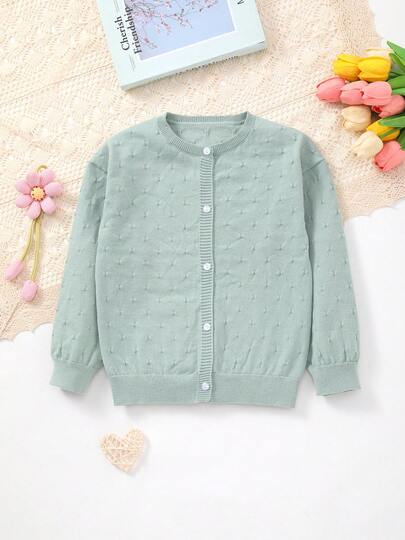 Girls' Lightweight Solid Color Openwork Knitted Cardigan Jacket, Long Sleeve, Spring/Summer