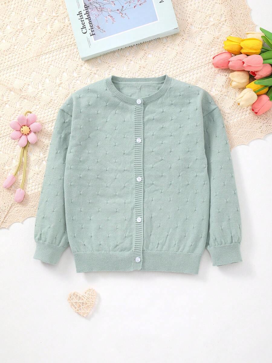 Girls' Solid Color Knit Cardigan, Elegant Hollow Pattern Design, Versatile For Home, Outings Or Eid Al-Adha Gift - Cadet Blue - View 1
