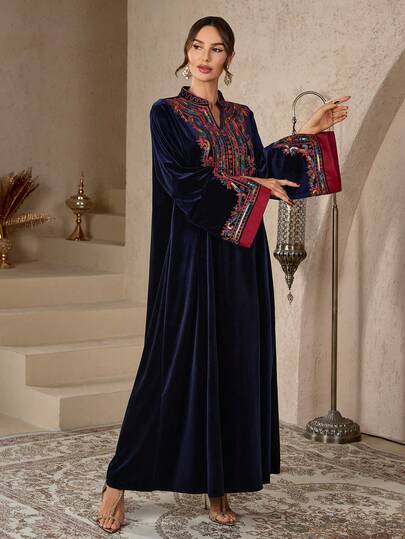 Women's Velvet Embroidery Notched Neck Dress Abaya, Modest Fashion Long Sleeve A-Line Dress For Party Wedding Guest, Ladies Islamic Clothing For Spring Autumn