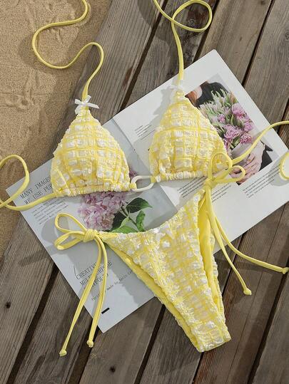 Bikini de 2 piezas de tela especial con lazo halter sexy, elegante y romántico para vacaciones, playa y fiestas, nuevo para primavera/verano