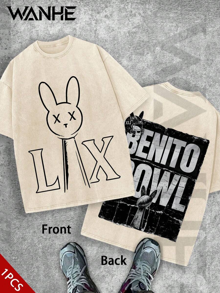 WANHE Single-Piece Pack |Double-Sided Printing Couples' Wear For Him & Her - Perfect Gift For Christmas, New Year's Day, 2026 New Year, Valentine's Day, Independence Day And Easter-Dark Gray T Shirt With Bunny And Lix Print Front Benito Owl Back Streetwear Style Graphic Tee For Men Urban Fashion Casual Wear Hip Hop Culture Outfit - 杏色 - 查看 1