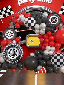 99pcs Racing Car Theme Balloon Arch & Garland Set, Tire Checkered Foil Balloons 5", 10", 18", Black, Red, Silver Latex Balloons For Racing Car Theme Party, Birthday Party, Event Decoration - Multicolor - View 2