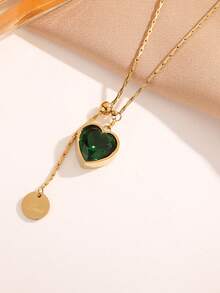 1件不锈钢复古祖母绿钻石心形吊坠项链，奢华简约钛钢可调节颈链，女士款 - 金黃色 - 查看 5