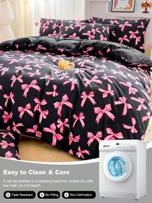 三件套床上用品，透气超柔软抗起球亲肤面料，柔软抗起球，家用纺织品，房间装饰，包含1个被套和2个枕套（不含被芯），时尚卧室家居装饰，适用于单人床/双人床/大号床/特大号床，可机洗，多种颜色可选，浪漫情人节礼物，蝴蝶结图案被套 - 彩色 - 查看 11