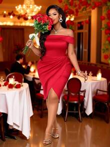 BIUBIU Plus Size Women's Spring/Summer Off-Shoulder Ruffled Bodycon Dress - High-Stretch Red Satin Midi Dress, Versatile, Slimming & Elegant, Ideal For Daily Wear, Parties, Gatherings, Banquets, Valentine's Day And Other Occasions - Red - View 2
