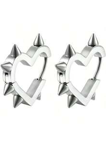 Fashionable Unique Punk Minimalist Style Spike Drop Hoop Earrings, Unisex Low Allergy Charm Circular Clip-On Earrings, Cartilage Geometric Ear Cuff - Silver - View 8