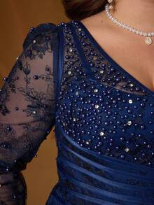Abito lungo Mgiacy Plus Size in pizzo floreale blu reale con scollo a V, maniche lunghe, spacco alto e strass, elegante abito da donna per matrimoni estivi, feste e occasioni speciali - Blu reale - Visualizzare 7