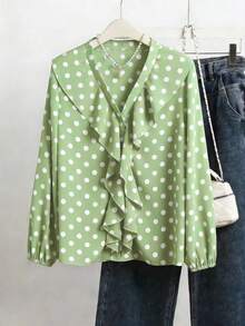 Polka Dot French Romantic Women's Patchwork Ruffle Hem Elegant Blouse Vacation Spring - Mint Green - View 3